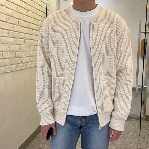 Men Zip Up Knitted Cardigan Lined Funnel Neck Jumper Sweater Pockets Coat All Seasons Comfortable Soft Long Sleeve - Image 3