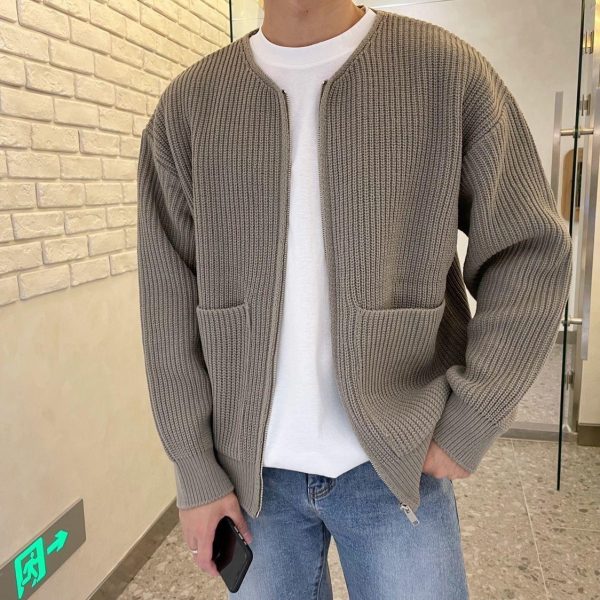 Men Zip Up Knitted Cardigan Lined Funnel Neck Jumper Sweater Pockets Coat All Seasons Comfortable Soft Long Sleeve - Image 2